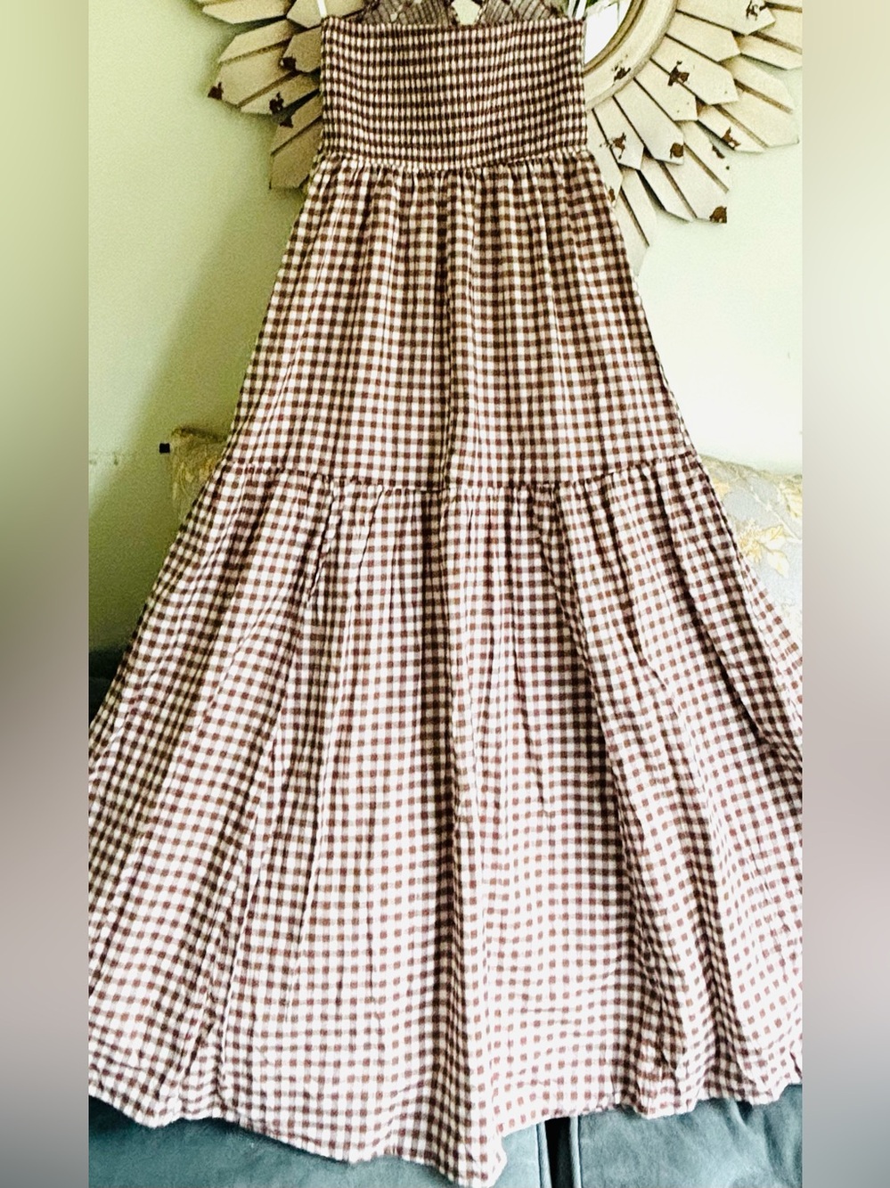 Altar'd State White Brown Gingham Maxi Dress with adjustable Straps Size Small - Picture 5 of 7